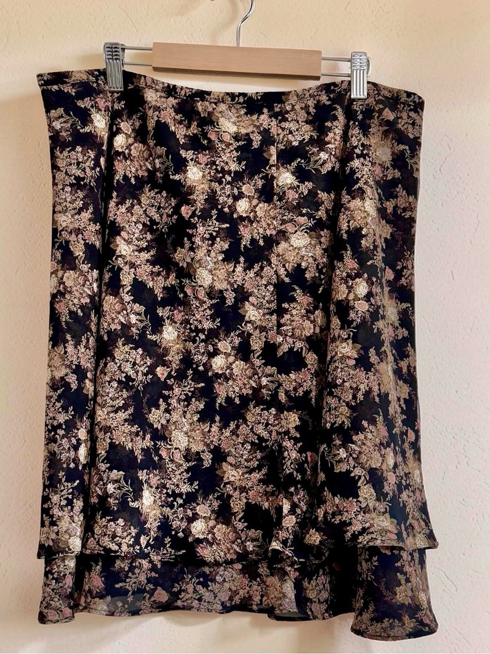 Vintage 90’s Express dark Floral Black A-Line Layered two tiered chiffon Skirt